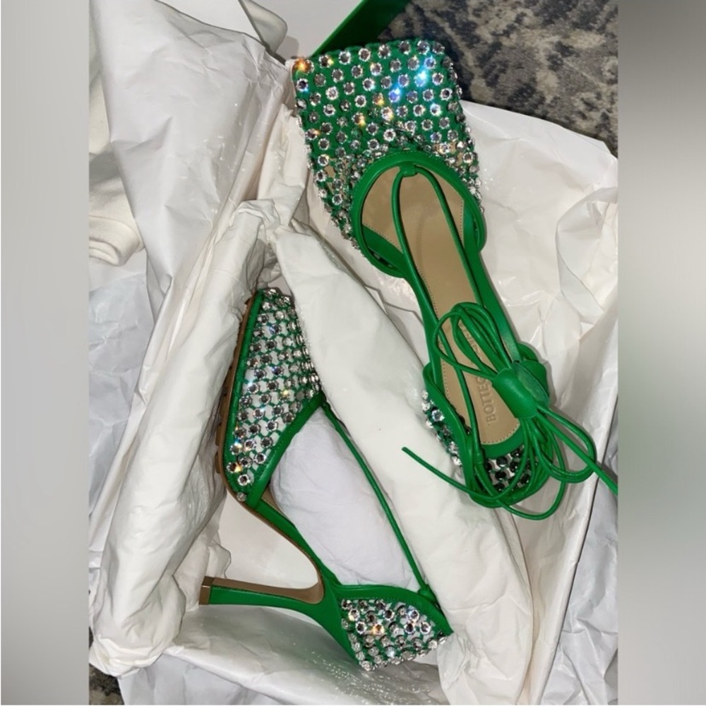 Leather-trimmed crystal-embellished mesh pumps Heels